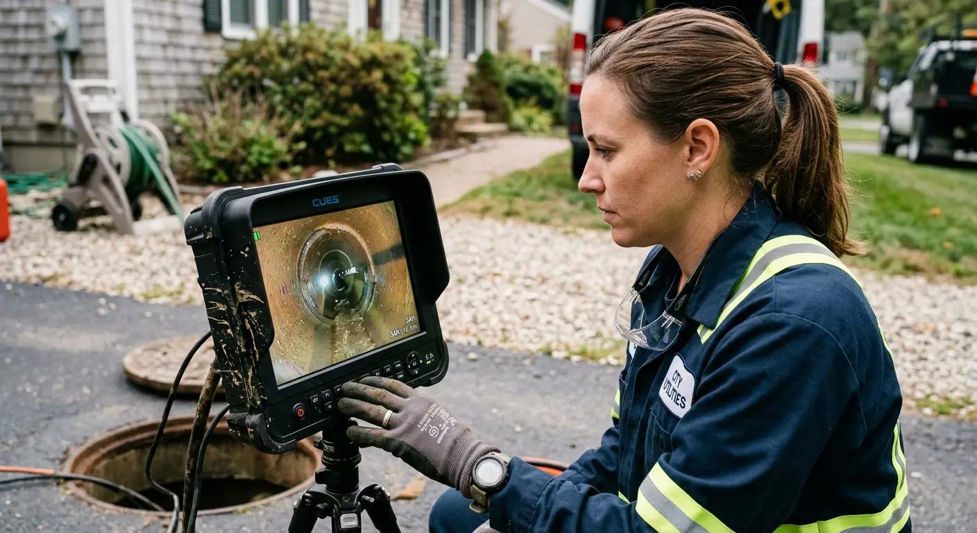 Technician reviewing sewer camera inspection footage in Tenafly