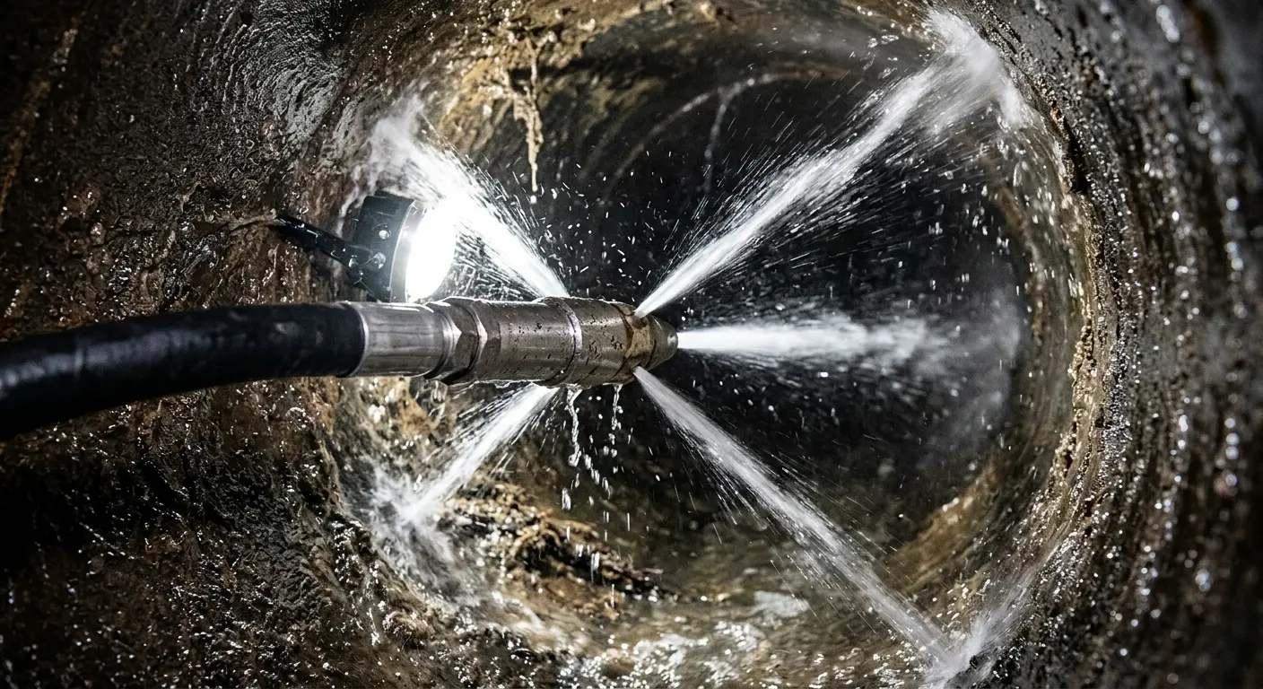 High-pressure hydro jetting nozzle cleaning sewer pipe for Sewer Cleanout in Tenafly