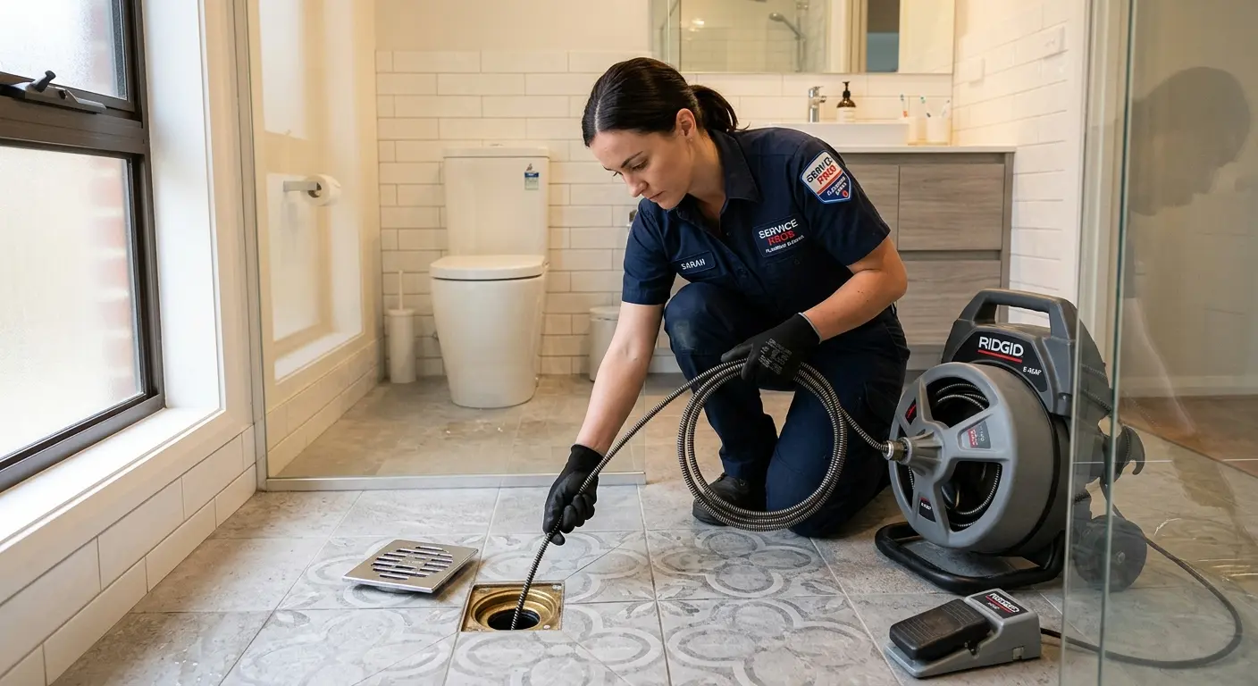 Technician clearing a bathroom floor drain for Drain Cleaning in Tenafly